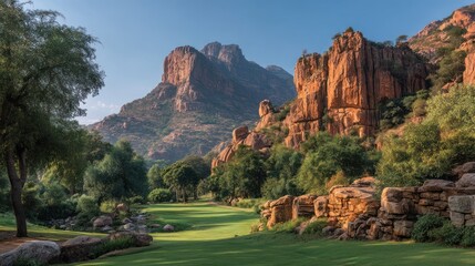 Scenic mountain golf course with vibrant green fairways and rugged rock formations under a clear sky, perfect for luxury leisure.