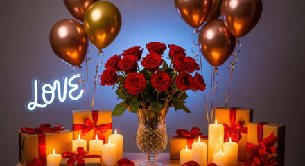 Romantic valentine's day setup with roses, gifts, and balloons