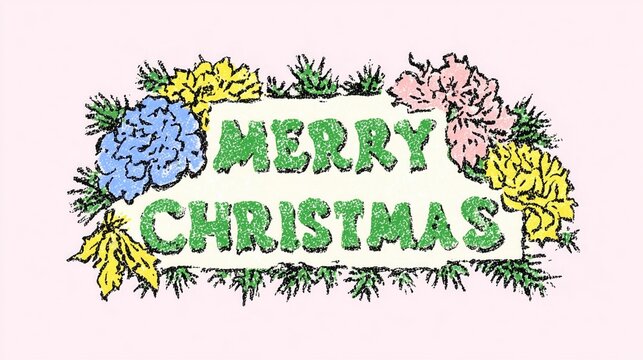Christmas greeting design: green "MERRY CHRISTMAS" text framed by blue, yellow, pink flowers on light pink backdrop—textured festive holiday graphic suitable for wallpaper, poster, banner