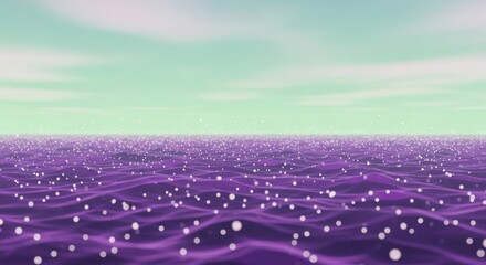 Abstract digital rendering of a vibrant purple ocean surface with glowing white orbs under a pale mint green sky