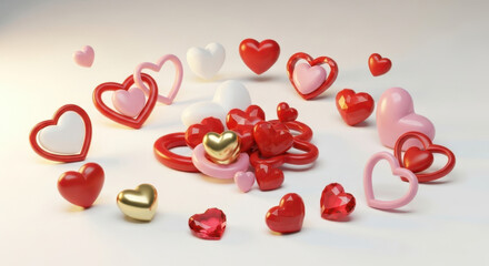 Collection of hearts in red, pink, white, and gold on white background