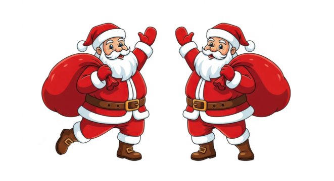 Two santas with gift bags, isolated on transparent background