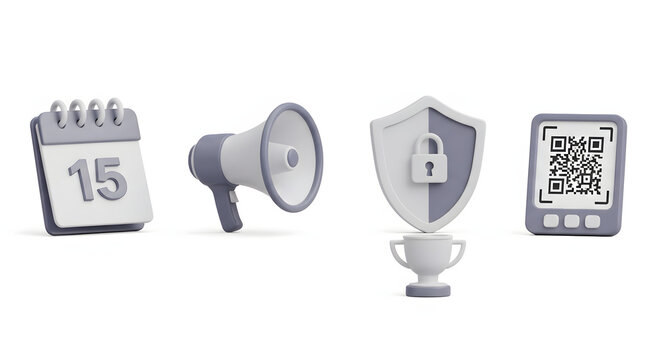 Modern 3D icon set including calendar megaphone security shield and QR code.