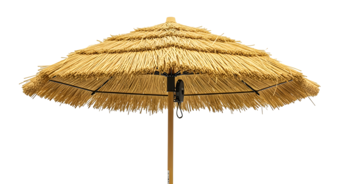 Natural straw thatch beach umbrella with wooden pole and black mechanism isolated on a transparent background - Powered by Adobe