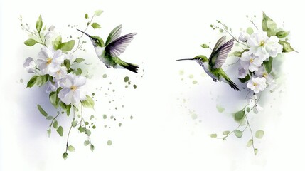 Obraz premium Two vibrant green hummingbirds are depicted in mid-flight, hovering near clusters of delicate white flowers and lush green foliage.