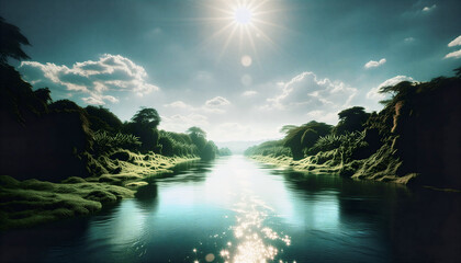 Beautiful landscape of a calm river flowing between lush trees under bright sunlight and a clear sky. Ideal for themes of nature, relaxation, eco-tourism, and outdoor serenity.