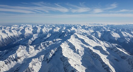 Snowy Mountain Range Under Blue Sky in Winter Scenic Landscape