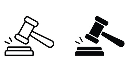 minimalist gavel icons depicting legal judgment and justice, outlined and solid styles with motion lines for law, courtroom, and auction themes