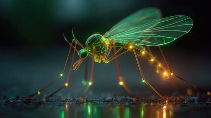 Mosquito glowing with neon aura emitting radiant light, detailed macro close-up capturing insect detail in surreal luminous dark ambient