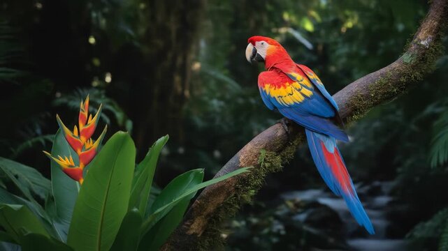Colorful parrot perched on a branch amidst lush tropical foliage in a vibrant jungle setting