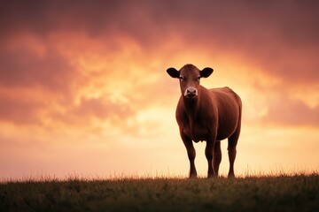 A brown cow stands in a grassy field against a stunning sunset backdrop.