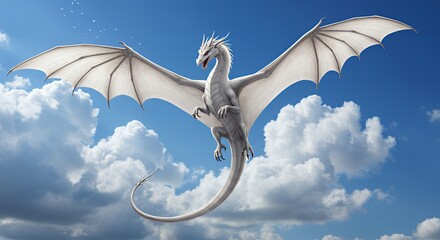 White Dragon Flying in Bright Blue Sky with Fluffy Clouds and Sunlight