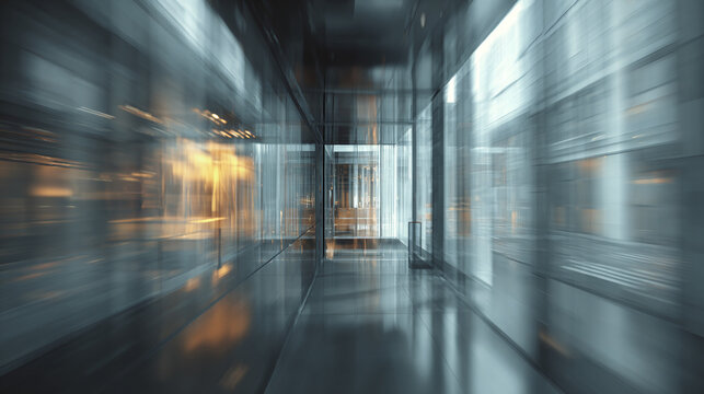 Modern architecture hallway with glass and metal design, creating a sense of movement. The perspective and blur give the image a dynamic feel