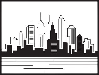Obraz premium Black and white vector illustration of a city skyline with buildings and water urban architecture