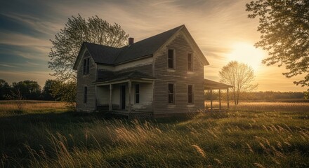 Historic Abandoned Farmhouse in Golden Sunset Countryside Landscape