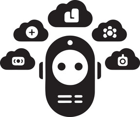 Smart assistant icon set integrated into a cloud ecosystem. Flat black silhouette editable vector illustration
