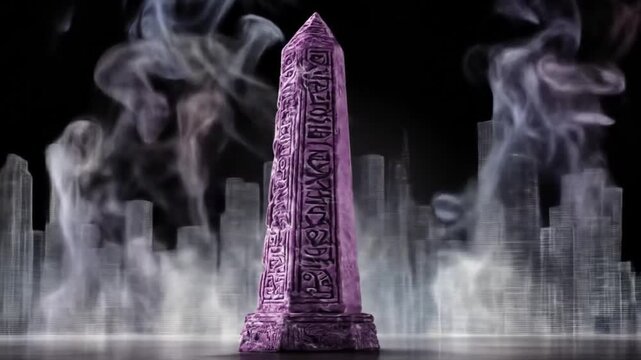 A tall, carved purple monolith stands with vapor and a blurred city in the background