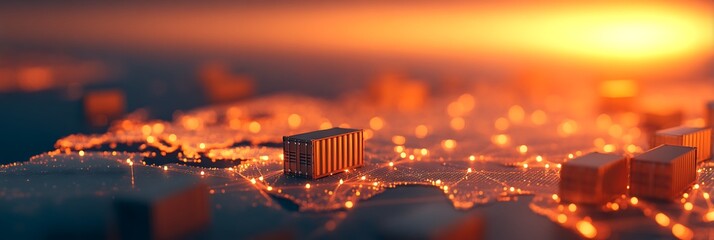 A vibrant digital landscape representing a connected world with containers and glowing nodes, symbolizing trade and technology.