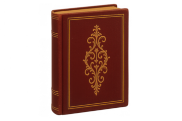 Standing antique book featuring a dark red cover with intricate gold filigree, symbolizing knowledge, history, and education