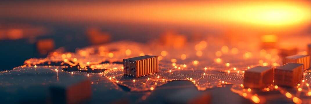 A vibrant digital landscape representing a connected world with containers and glowing nodes, symbolizing trade and technology.