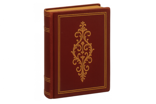 Standing antique book featuring a dark red cover with intricate gold filigree, symbolizing knowledge, history, and education