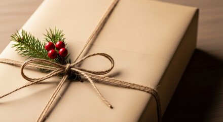 Wrapped gift box adorned with green pine sprigs and red berries, tied with twine, resting on a wooden surface, evoking a festive holiday atmosphere and celebration spirit