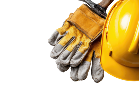 Close-up of used yellow safety equipment. Safety gloves and hard hat - Powered by Adobe