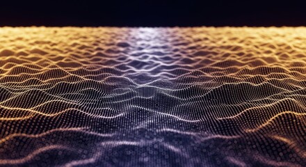 Abstract digital wave surface made of glowing particles receding into the dark horizon with warm and cool light