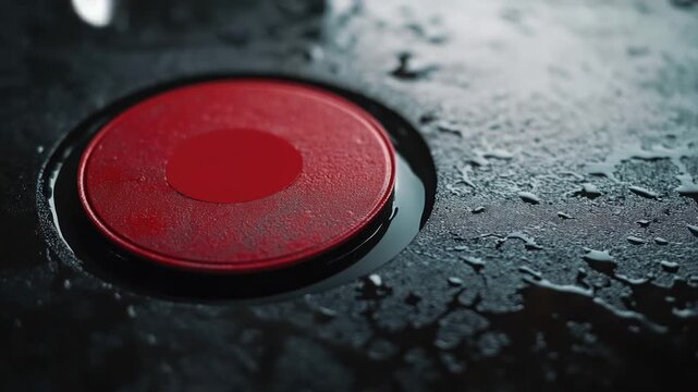 A close-up shot of a bright red button against a dark black background