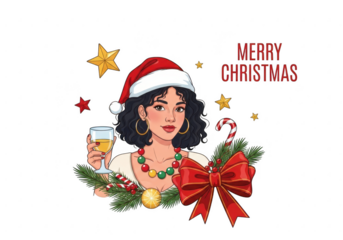 Woman in santa hat holding wine glass with christmas elements isolated on transparent background