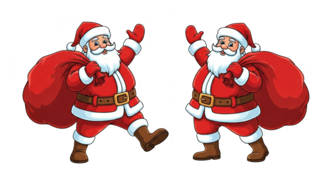 Two santas claus with gift bags isolated on transparent background