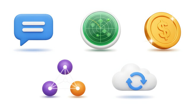 Collection of 3D icons representing communication data finance network and cloud sync.