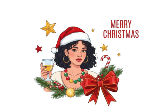 Woman in santa hat holding wine glass with christmas elements isolated on transparent background - Powered by Adobe