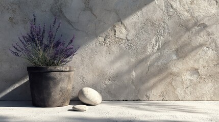 Potted lavender plant on a textured rustic wall, bathed in warm sunlight with natural stones and shadow play, tranquil scene.