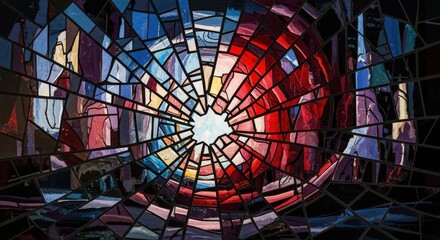 Abstract stained glass window shattered in the center with vibrant colors radiating outwards creating a dramatic effect