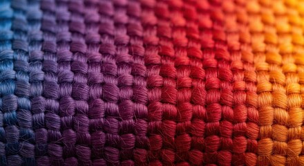 Extreme closeup macro shot of woven textile fabric texture displaying a vibrant gradient color transition from blue to red to orange