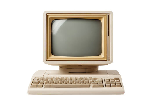 Vintage beige computer.  A cream-colored, retro-style computer monitor and keyboard.  The monitor displays a light gray screen.  The computer appears isolated on a dark background