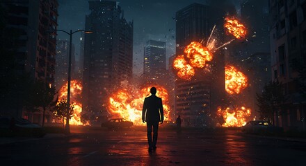Silhouette of Man Standing in City Street During Explosions and Fire