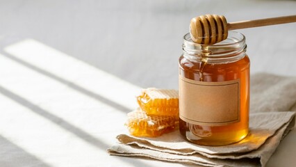 Honey Jar with Honeycomb on Linen Cloth – Natural Light Honey Jar Product Mockup – Minimalist Organic Honey Jar Branding Scene