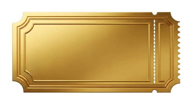 Ornate Golden Ticket with Perforated Edge and Decorative Border isolated on a transparent background