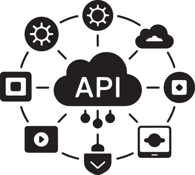 Vector of API integration between software apps and cloud hub. Flat black silhouette editable vector illustration