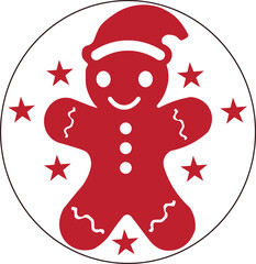 Happy red gingerbread man with santa hat and stars in a circle, festive christmas holiday season design