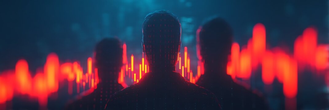 A moody digital scene featuring silhouettes of three individuals, enhanced by vibrant red soundwave graphics against a dark background.