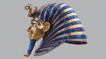 A side profile view of tutankhamun's golden death mask with blue and gold stripes on a gray background
