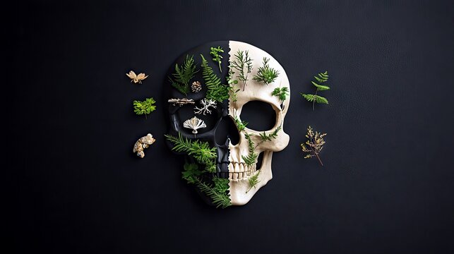 A skull is split down the middle, with one half painted black and the other left white, both sides decorated with various green plants and natural elements.