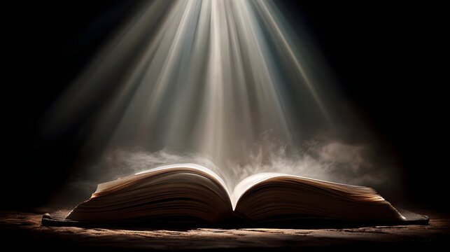 Open book with sunlight rays overshadowing music, sports, school items, smartphones, social media. Concept : Education, learning, knowledge, focus, inspiration, distraction management, personal growth