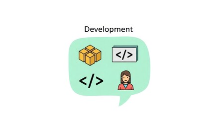 Visual metaphor showcasing software development processes with coding and teamwork elements