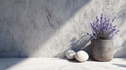 Serene Minimalist Concrete Background with Potted Lavender, Natural Stones, Sun Rays, and Shadows