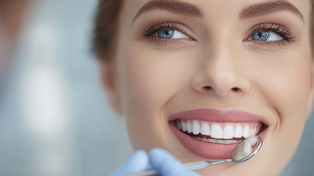A radiant woman smiles during a dental examination, highlighting her immaculate teeth 