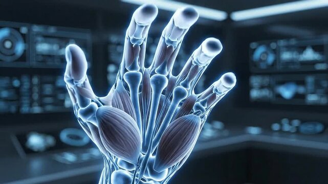 Detailed 3D animation of human hand muscles and bones glowing blue with advanced medical data displays in background